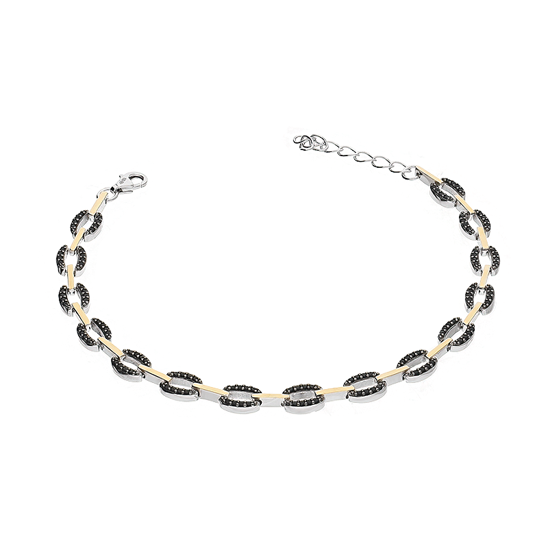 Bransoleta srebrna owale z czarnymi cyrkoniami i złote blaszki PX 1005 BL_AU375 blaszka gold