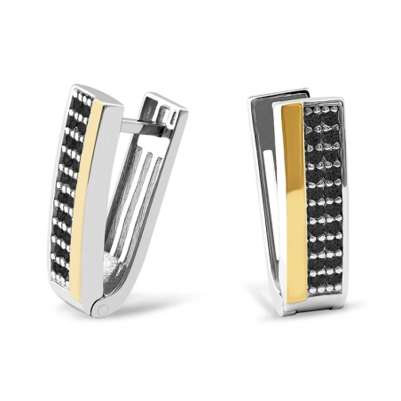 Kolczyki srebrne dwa rzędy czarnych cyrkonii i złota blaszka/ang.zap. PX 158 BL_AU375 blaszka gold