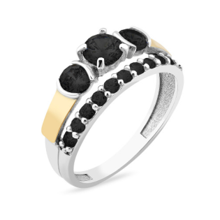 Pierścionek srebrny z czarnymi cyrkoniami i złotą blaszką
