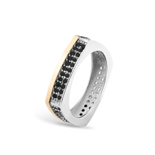 Pierścionek srebrny kwadratowy z czarnymi cyrkoniami i złotą blaszką