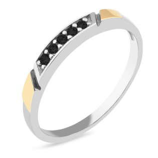 Pierścionek srebrny rząd czarnych cyrkonii i złota blaszka