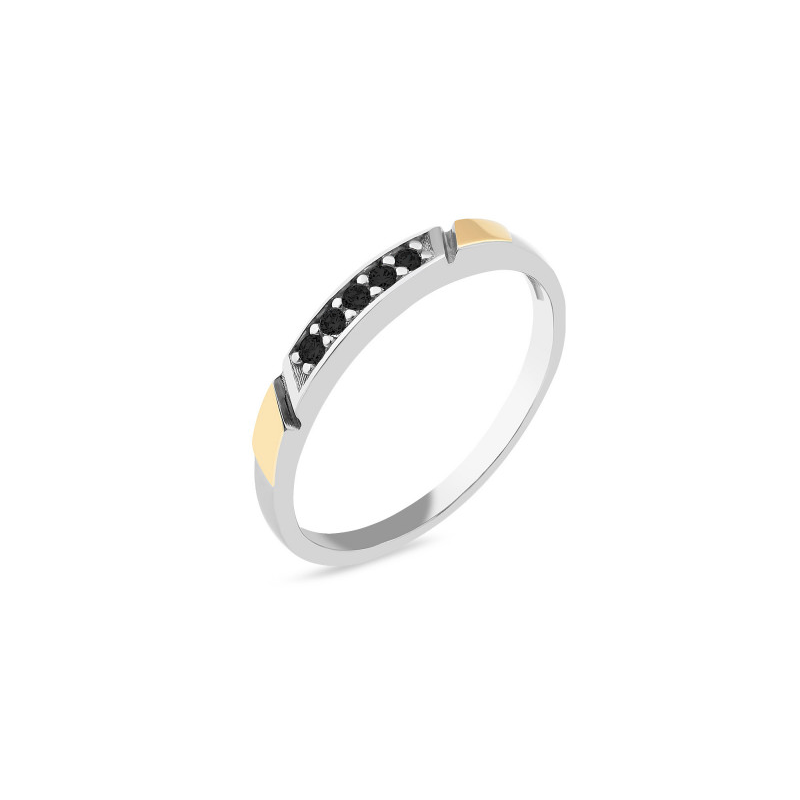 Pierścionek srebrny rząd czarnych cyrkonii i złota blaszka