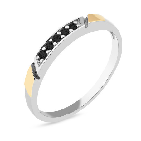 Pierścionek srebrny rząd czarnych cyrkonii i złota blaszka