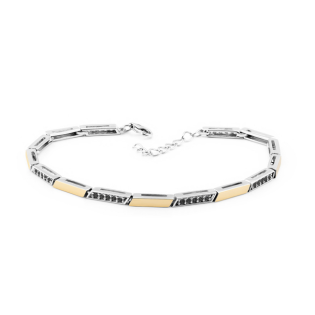 Bransoleta srebrna rzędy czarnych cyrkonii i złote blaszki