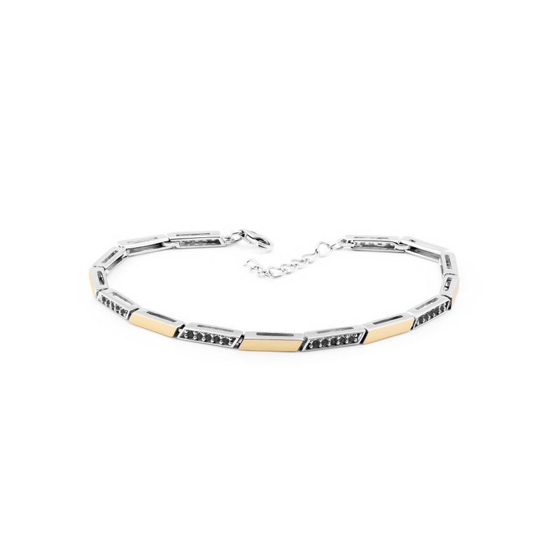 Bransoleta srebrna rzędy czarnych cyrkonii i złote blaszki