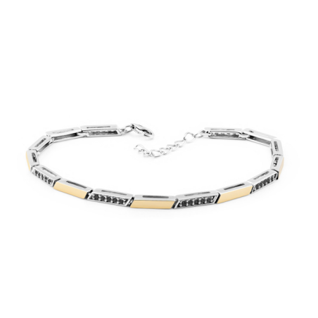 Bransoleta srebrna rzędy czarnych cyrkonii i złote blaszki