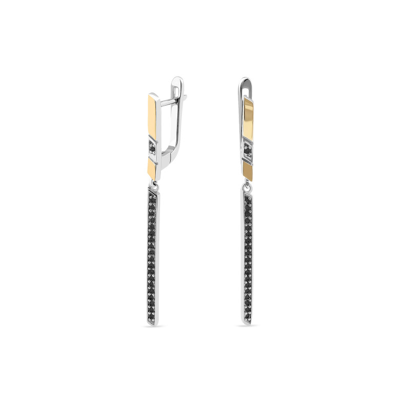 Kolczyki wiszące srebrne rząd czarnych cyrkonii i złota blaszka