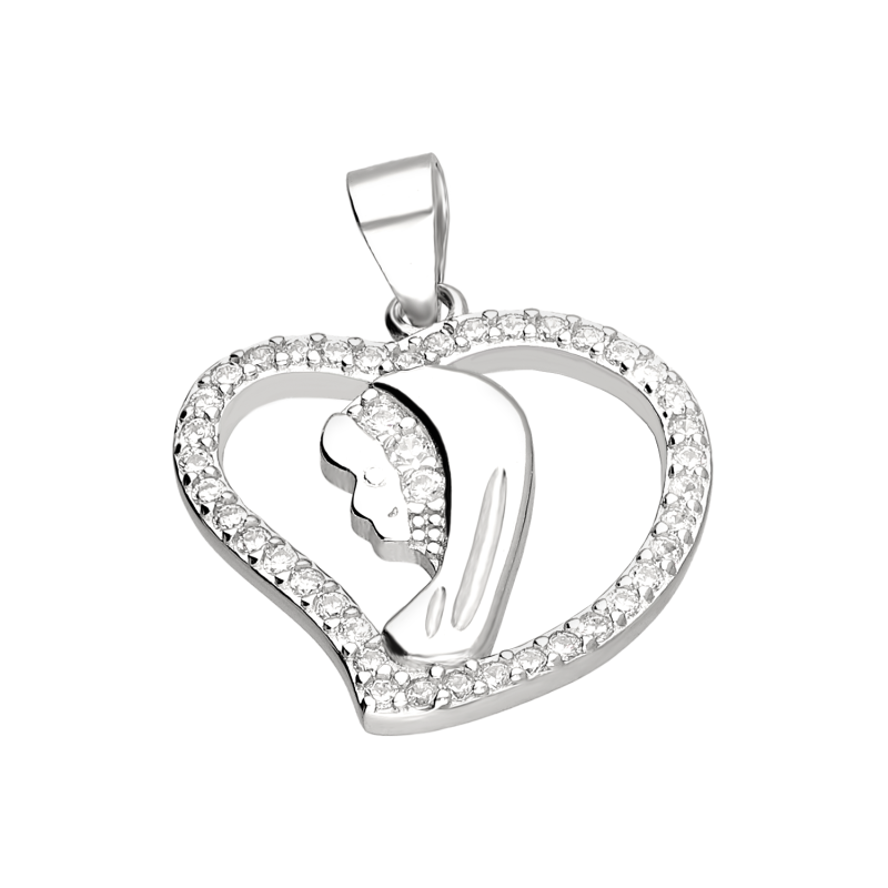 Medalik srebrny skośne serce z Matką Boską z cyrkoniami