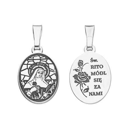 Medalik srebrny dwustronny Święta Rita w owalu