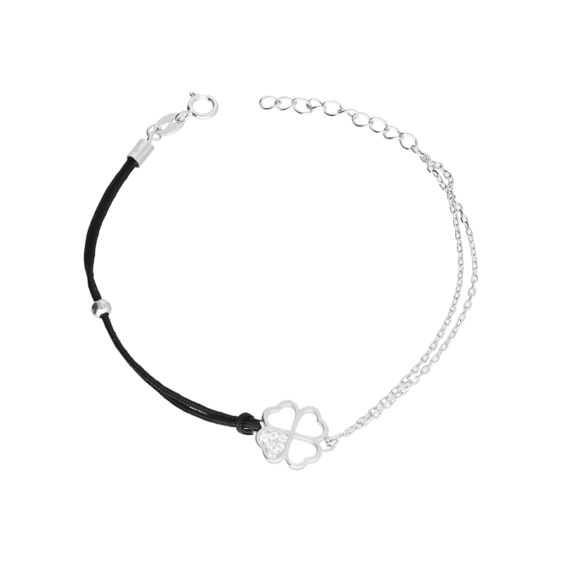 Bransoleta srebrna koniczynka z cyrkoniami na sznurku i rolo PW579+rolo ROD czarny próba 925