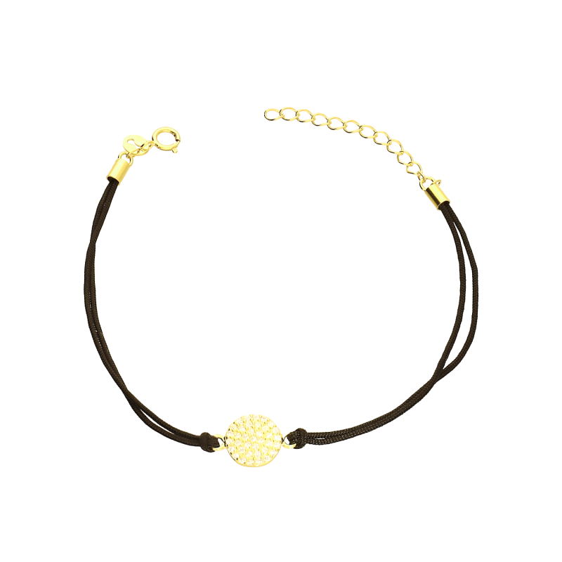 Bransoletka koło z cyrkoniami na czarnym sznurku, srebro 925 koloru złotego