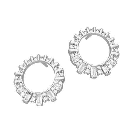 Kolczyki srebrne koło z białymi cyrkoniami bagietami/sztyft AT917 próba 925
