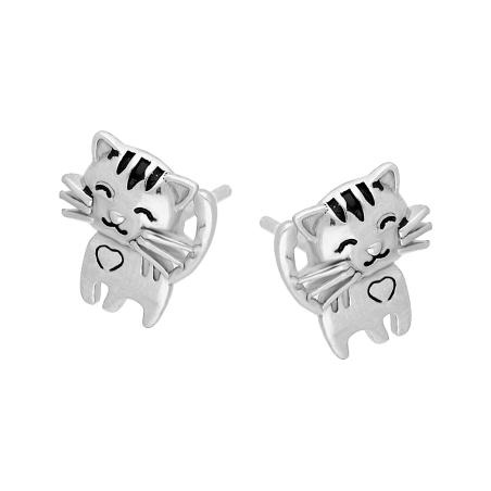Kolczyki srebrne dla dziewczynki kot z czarną emalią/sztyft AT919 próba 925