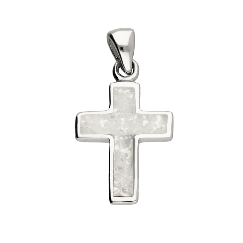 Krzyżyk srebrny z białym opalem jubilerskim HS2142 biały próba 925