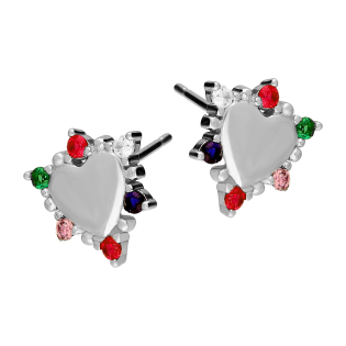 Kolczyki srebrne gładkie serce i kolorowe cyrkonie/sztyft TB 18466 próba 925