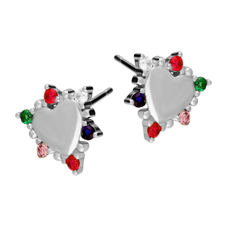 Kolczyki srebrne gładkie serce i kolorowe cyrkonie/sztyft TB 18466 próba 925