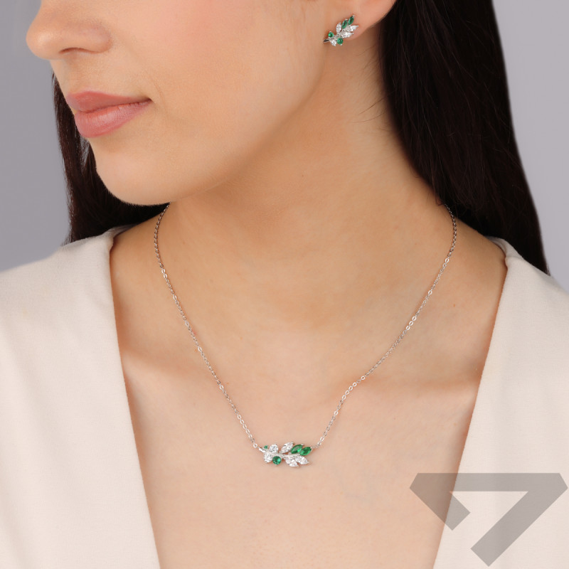 Naszyjnik srebrny gałąź z białymi i zielonymi cyrkoniami/anker reg. AT2035 próba 925