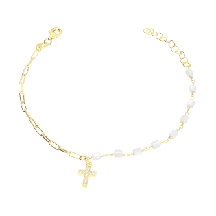 Bransoleta pozłacana krzyżyk z cyrkoniami i walce z masą perłową/rolo M3-432 GOLD próba 925
