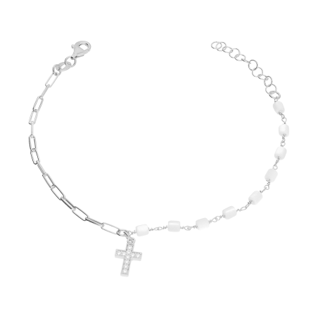 Bransoleta srebrna krzyż z cyrkoniami i białe walce/rolo M3-432 ROD próba 925