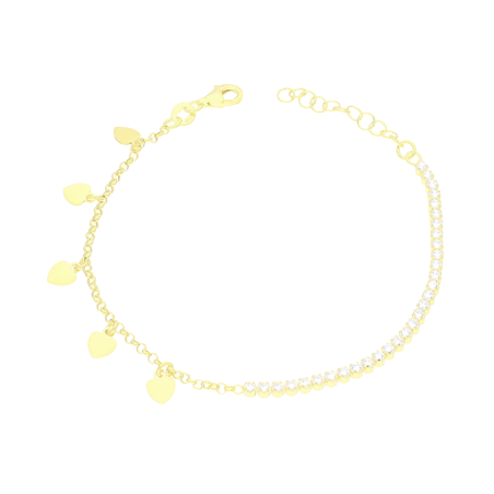 Bransoleta pozłacana rząd cyrkonii i wiszące serca/rolo M3-507 GOLD próba 925