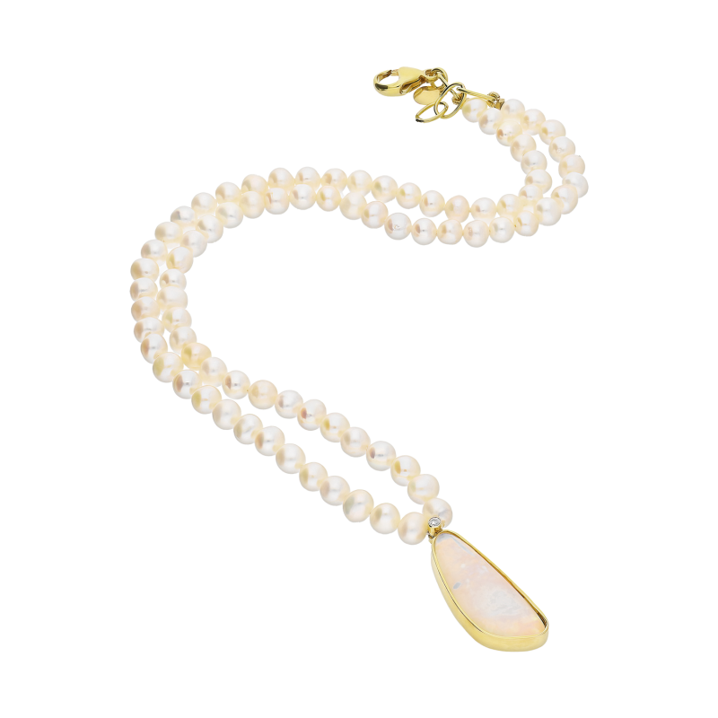 Naszyjnik pozłacany perły hodowane z opalem i diamentem Pearls AA 4mm próba 925