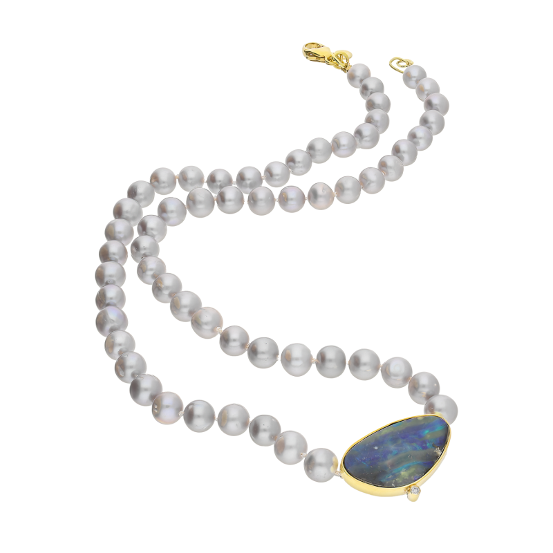 Naszyjnik pozłacany grafitowe perły 7 mm oraz niebieski opal bulder i diament