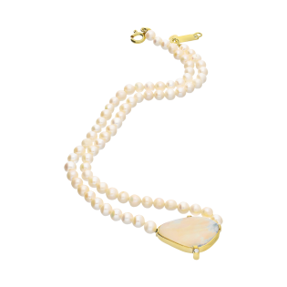 Naszyjnik pozłacany perły hodowlane 5 mm oraz opal biały z diamentem