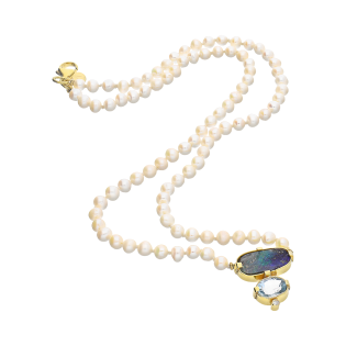 Naszyjnik pozłacany perły hodowlane 5 mm z topazem, opalem bulder i diamentem