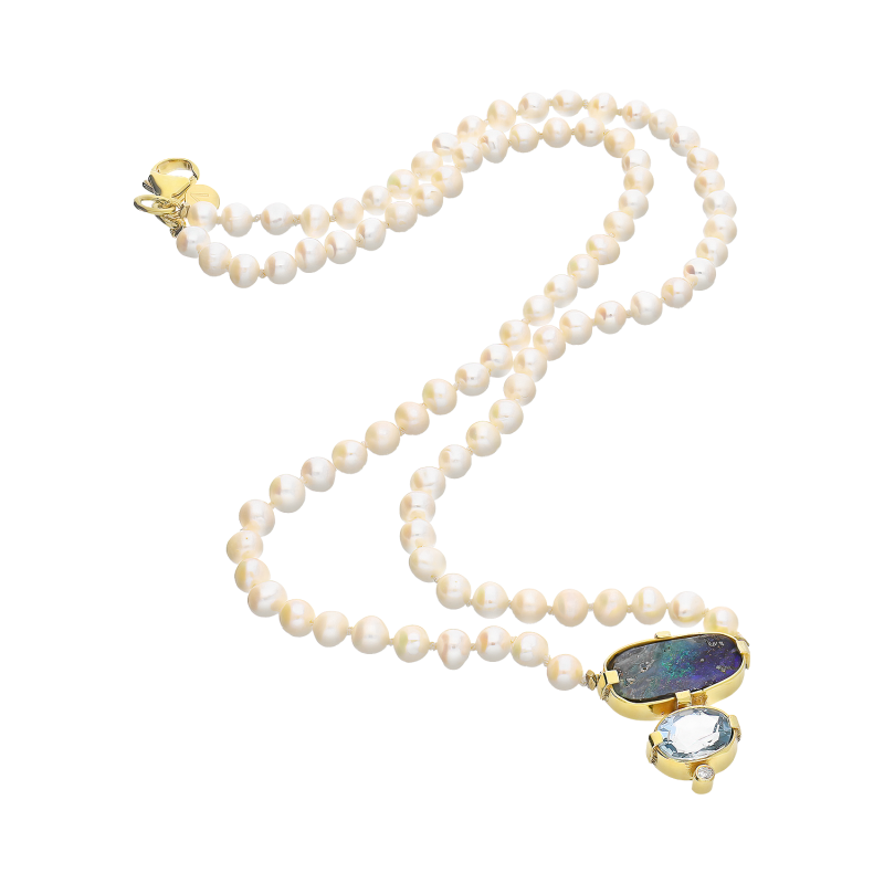 Naszyjnik pozłacany perły hodowane z topazem, opalem i diamentem GH 1-24-P4 Pearls AA 5mm próba 925