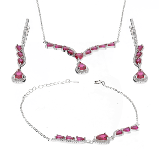 Komplet srebrny naszyjnik, bransoleta i kolczyki krople z fuksjowymi cyrkoniami HS2036 PI próba 925