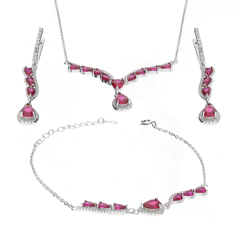 Komplet srebrny naszyjnik, bransoleta i kolczyki krople z fuksjowymi cyrkoniami HS2036 PI próba 925