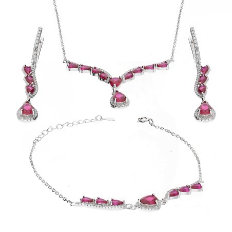 Komplet srebrny naszyjnik, bransoleta i kolczyki krople z fuksjowymi cyrkoniami HS2036 PI próba 925