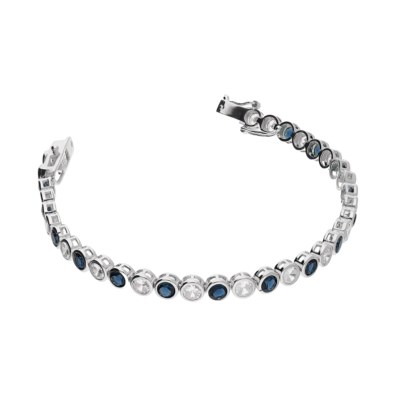 Bransoleta srebrna okrągłe białe i szafirowe cyrkonie HS2078 SA próba 925