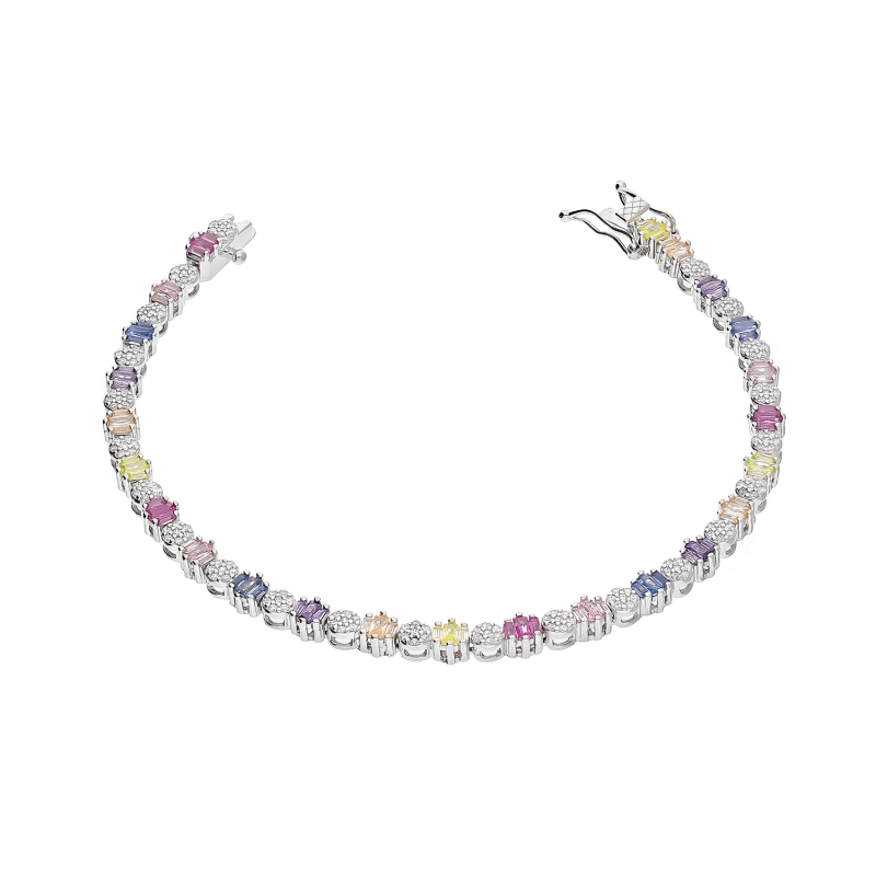 Bransoleta srebrna okrągłymi cyrkoniami i kolorowymi bagietami HS2085 MIX próba 925