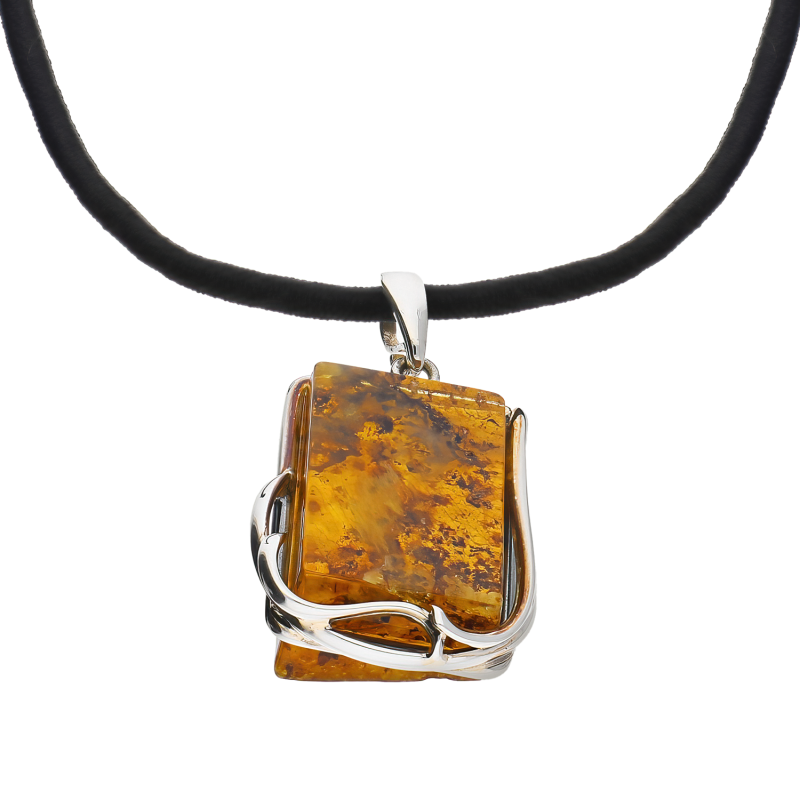 Naszyjnik srebrny bursztyn miodowy z mchem na czarnym sznurku MG 224-miodowy-mech próba 925