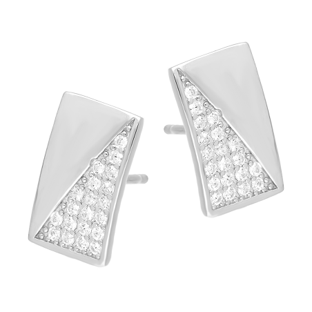 Kolczyki srebrne prostokąt z białymi cyrkoniami/sztyft PW747 ROD próba 925