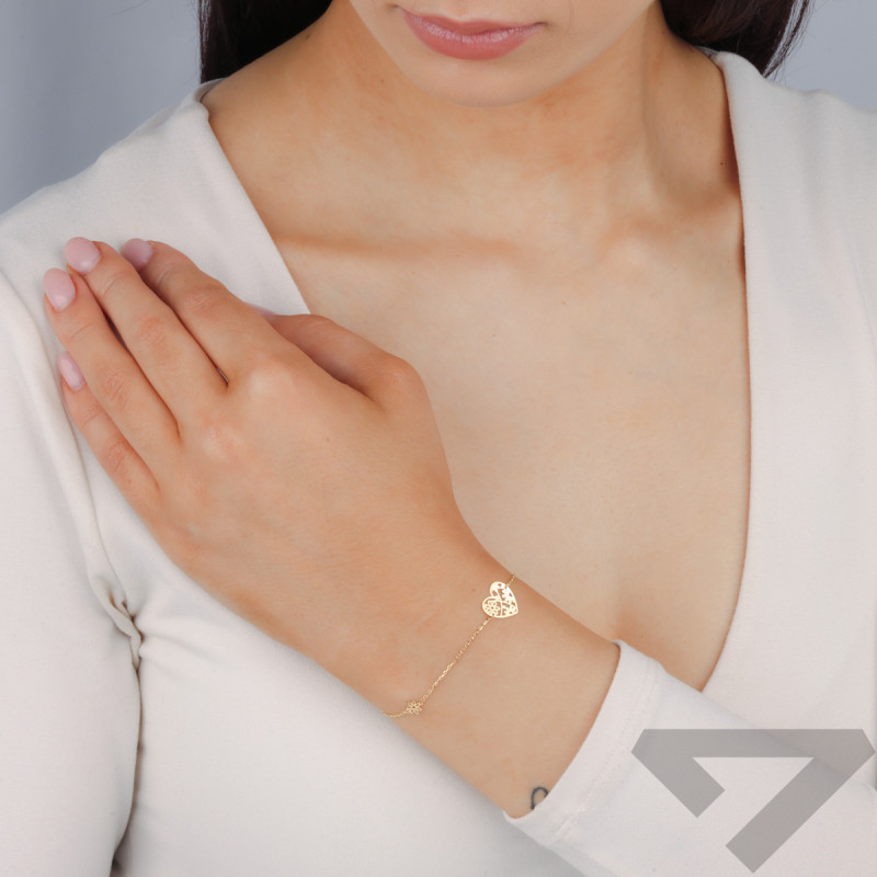 Bransoletka złota serce ażur i stokrotki ramka