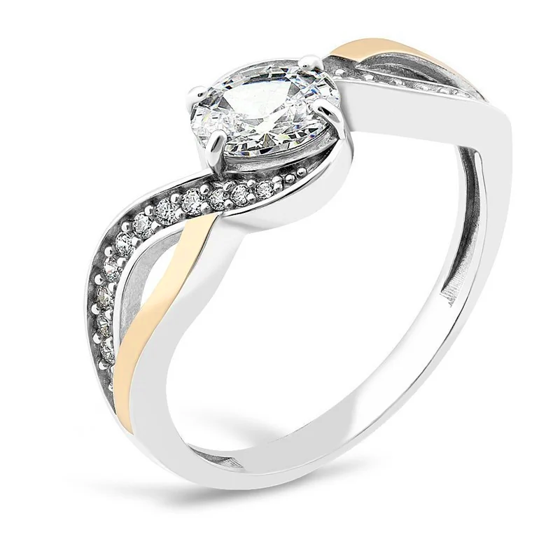 Pierścionek srebrny z owalną cyrkonią i złotymi blaszkami