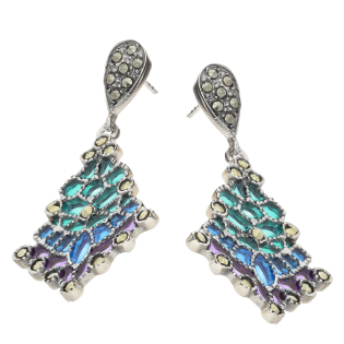 Kolczyki srebrne pajęczyna z zielono-niebieskim witrażem/sztyft SR 384e próba 925