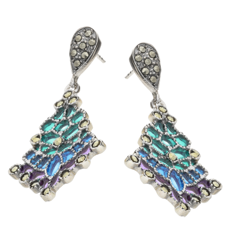 Kolczyki srebrne pajęczyna z zielono-niebieskim witrażem/sztyft SR 384e próba 925