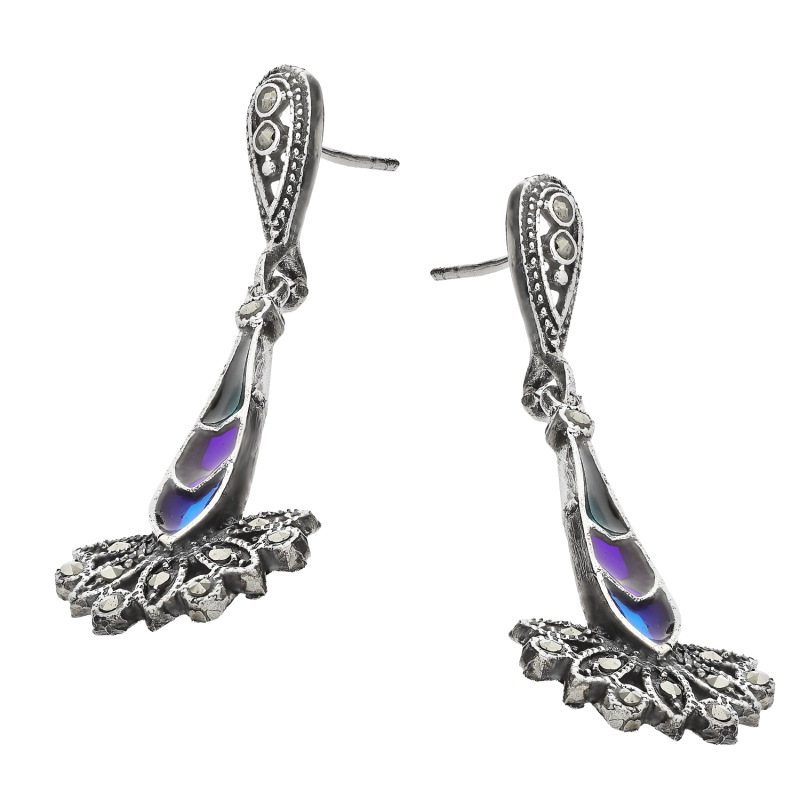 Srebrne Kolczyki Wachlarz z Witrażem i Markazytami - JubilerSezam.pl