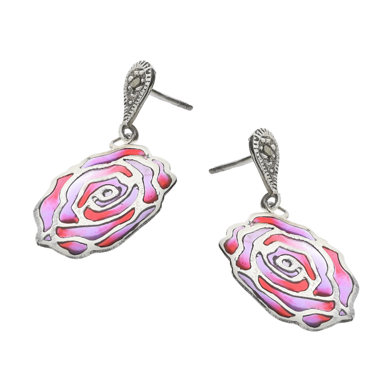 Srebrne kolczyki róże z witrażem i markazytami - JubilerSezam.pl