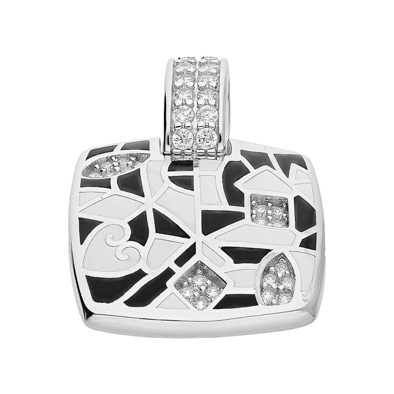 Zawieszka srebrna kwadrat z czarną i białą emalią oraz cyrkonie TB 23702-23704 próba 925
