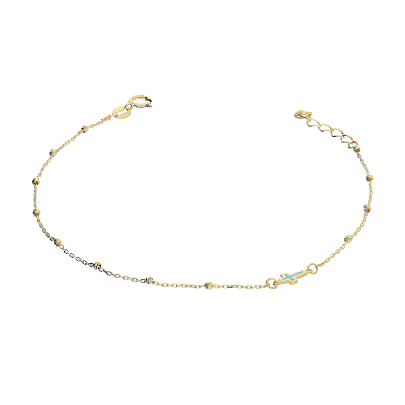Bransoleta złota krzyżyk z jasno-niebieską emalią i kulki/anker AR X6FOR6B11064-DC-LZM1-LP próba 585