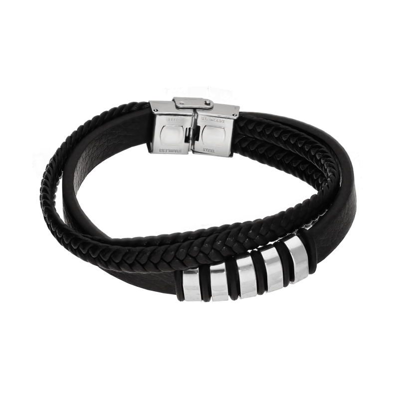 Bransoleta męska dwa warkocze i czarne i srebrne blaszki