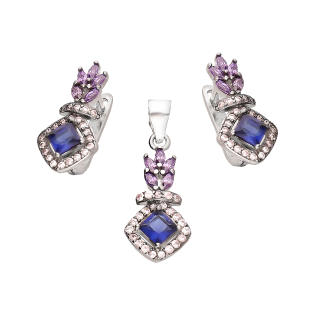 Komplet srebrny kolczyki i zawieszka markiza z fioletowymi cyrkoniami A0 MAR romb próba 925