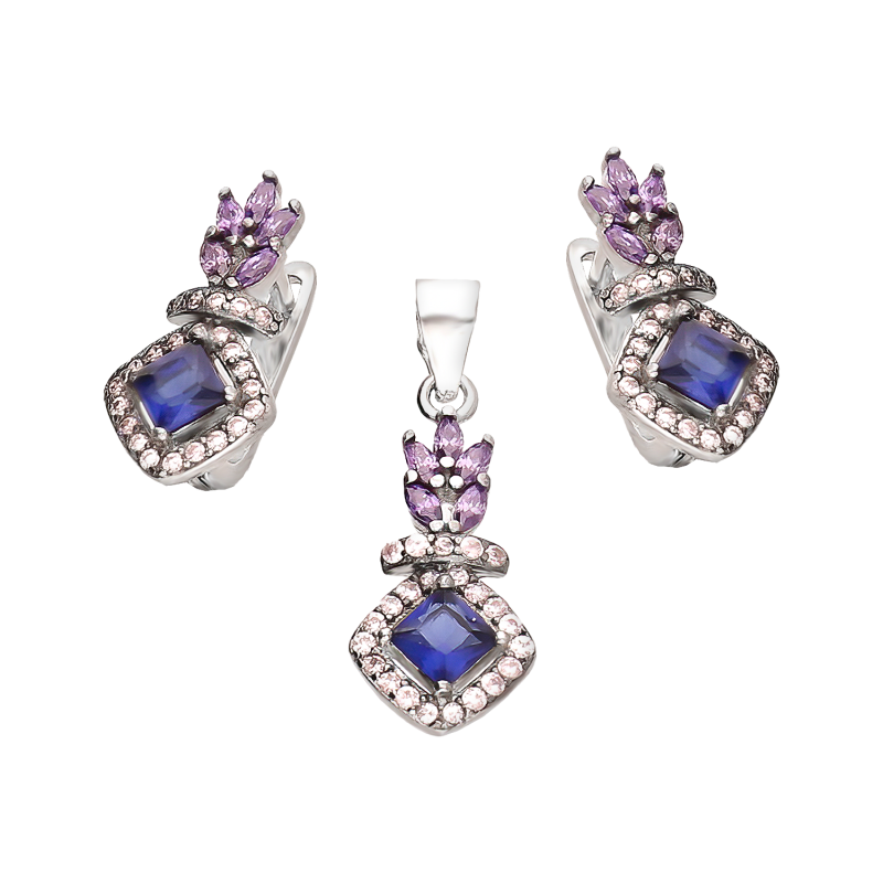 Komplet srebrny kolczyki i zawieszka markiza z fioletowymi cyrkoniami A0 MAR romb próba 925