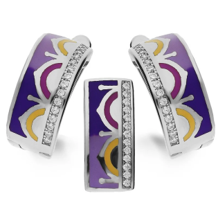 Komplet srebrny kolczyki i zawieszka z fioletową emalią A0 VIV+cyr.04 K+Z próba 925