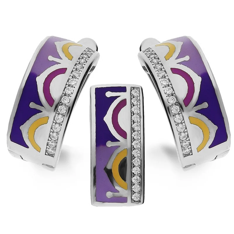 Komplet srebrny kolczyki i zawieszka z fioletową emalią A0 VIV+cyr.04 K+Z próba 925