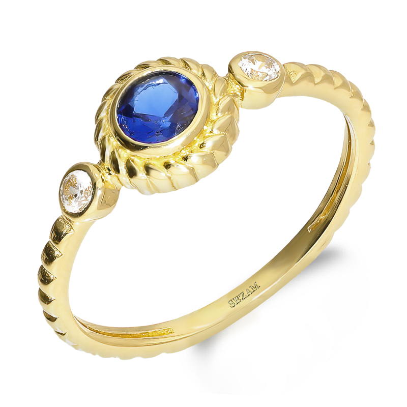 Pierścionek złoty okrągła szafirowa cyrkonia MZ T23-E-101499-100941-4MM-SA-CZ próba 585